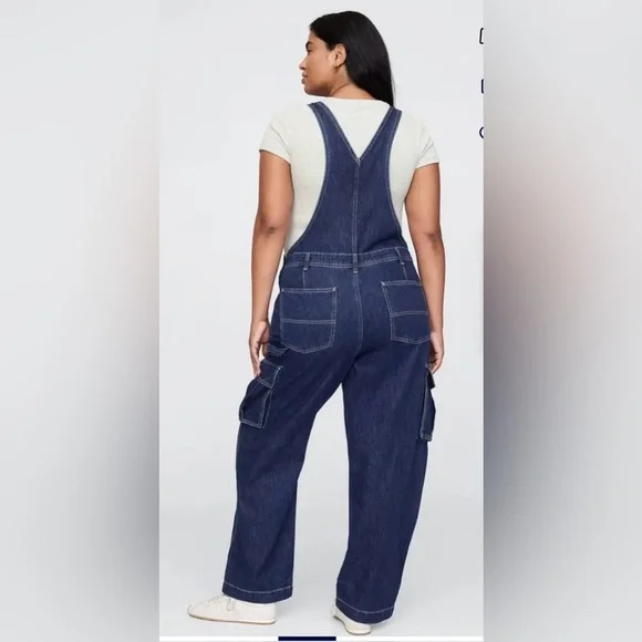 Gap Dark Wash Relaxed Fit Cargo Oversized Overalls Jumpsuit NWOT Large - Picture 5 of 7